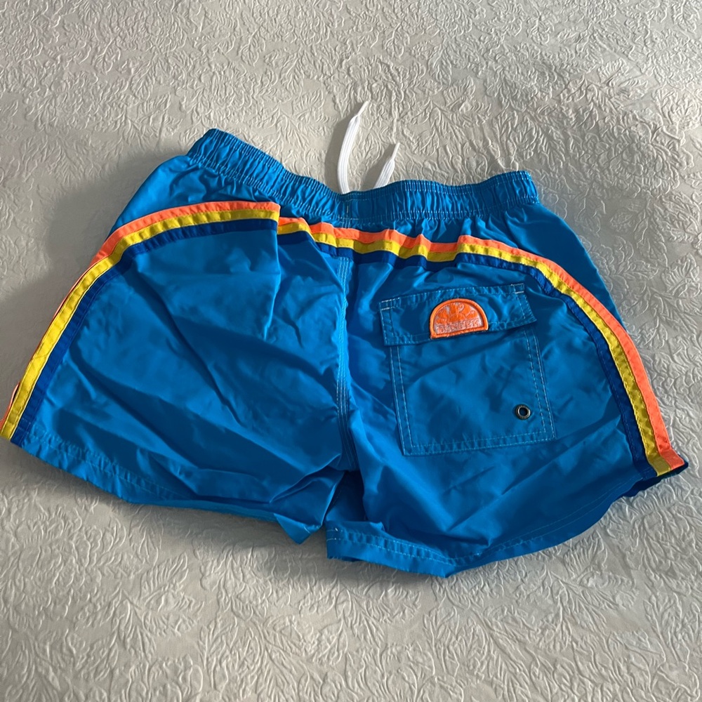 Blue Swim Shorts with Rainbow Stripes